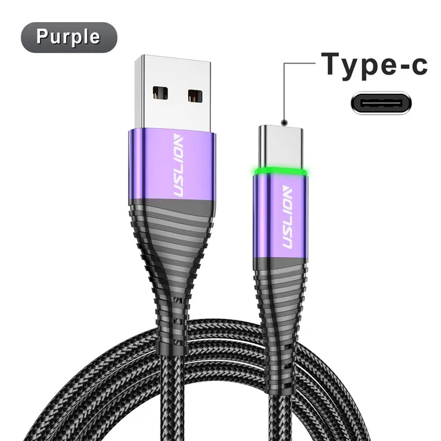 USLION LED 3A Type C Cable Micro USB Fast Charging Cord Wire For Samsung S23 Xiaomi Mobile Phone Charge USB Type C Charge Cables – Purple For Type C 9