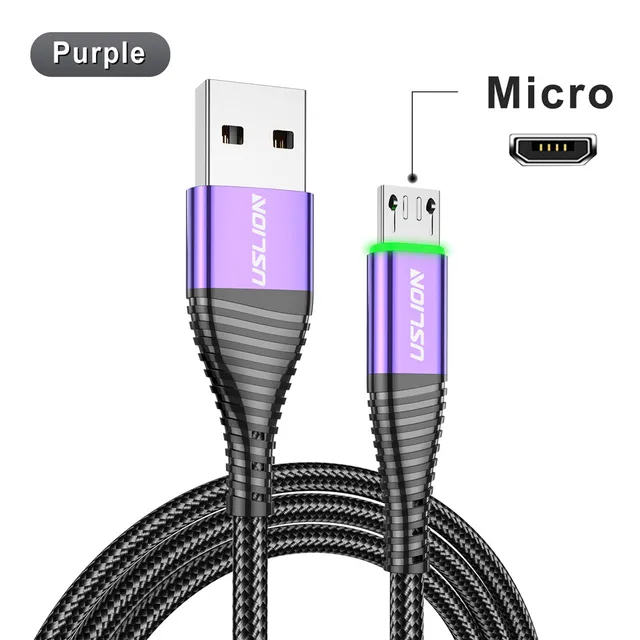 USLION LED 3A Type C Cable Micro USB Fast Charging Cord Wire For Samsung S23 Xiaomi Mobile Phone Charge USB Type C Charge Cables – Purple For Micro 13