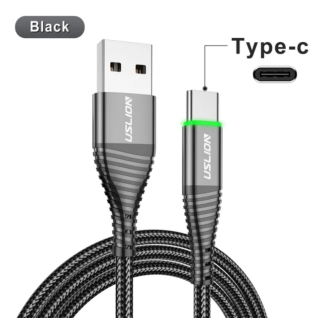 USLION LED 3A Type C Cable Micro USB Fast Charging Cord Wire For Samsung S23 Xiaomi Mobile Phone Charge USB Type C Charge Cables – Black For Type C 7